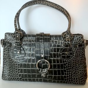 Charlie Lapson Briefcase Tote black and gray croc embossed leather handbag